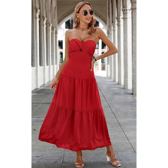 Women's Summer Strapless Maxi Dress Lightweight Off Shoulder Smocked Casual - Picture 2 of 8